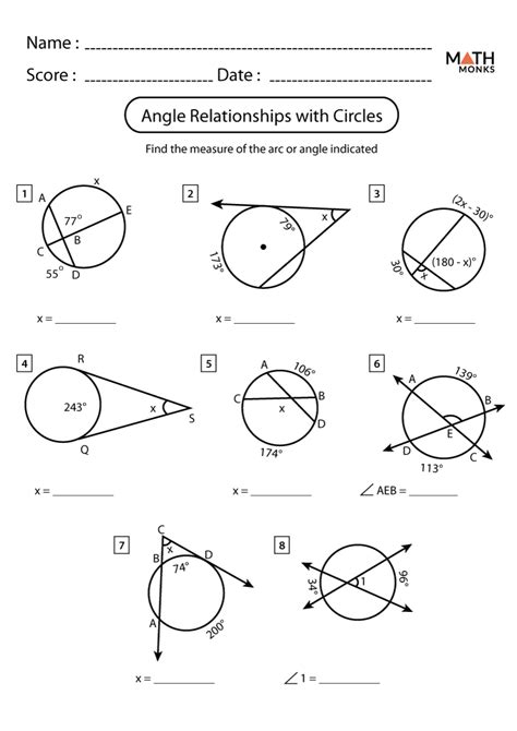 Circles Arcs And Angles Worksheets