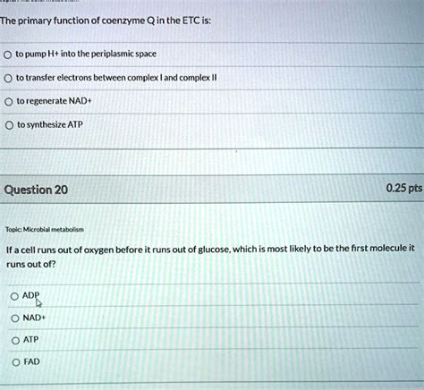 SOLVED: The primary function of coenzyme Q in the ETC is: to pump H+ ...