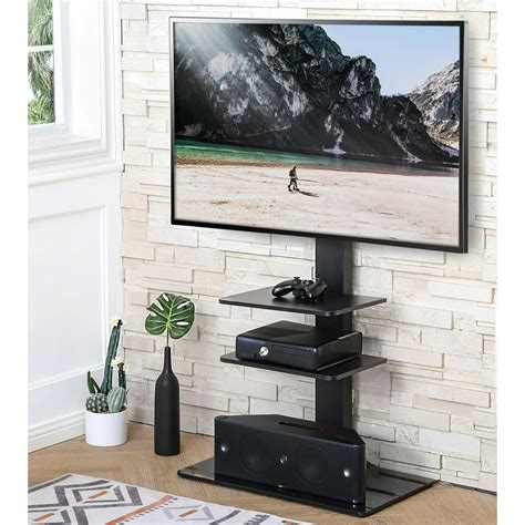 FITUEYES Floor TV Stand with Swivel Mount Glass Base & Two Shelves for ...