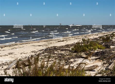 View of the beach and Mobile Bay from Fort Morgan in southern Alabama ...