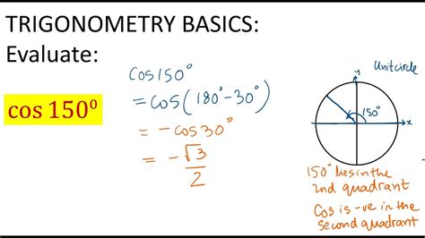 TRIGONOMETRY BASICS: Evaluate: cos 150 degrees - YouTube