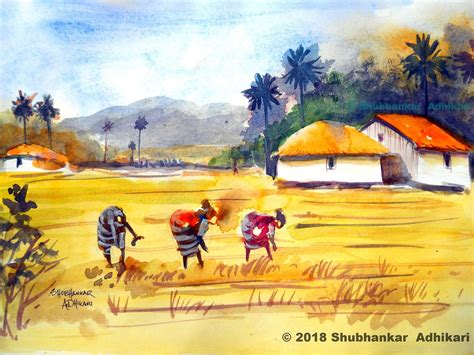 Artworks by Shubhankar Adhikari: Indian Village scene in watercolor