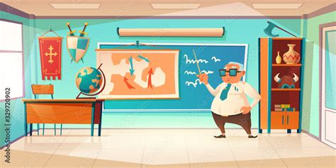 Classroom for history subject with old teacher. Vector cartoon ...