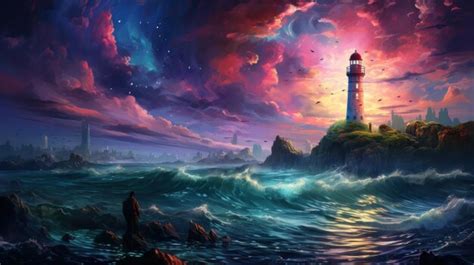 Premium AI Image | lighthouse in the ocean shines on ships at night