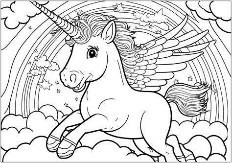 Unicorn in the sky with a rainbow - Unicorn Coloring Pages for Kids ...