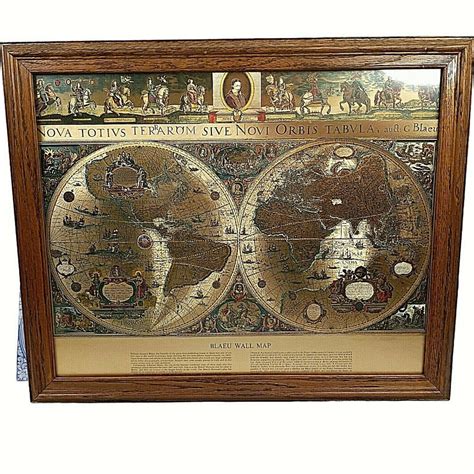 Vintage Gold Foil Blaeu World Wall Map Circa 1605 Framed 23” X 19 ...