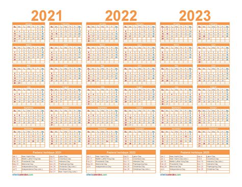 Free Printable 2021 To 2023 Calendar With Holidays with Three Year ...