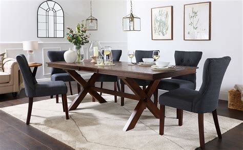 Grange Dark Wood Extending Dining Table with 8 Bewley Slate Fabric ...