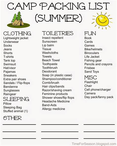 Personal Camp Packing Lists - Free Printable