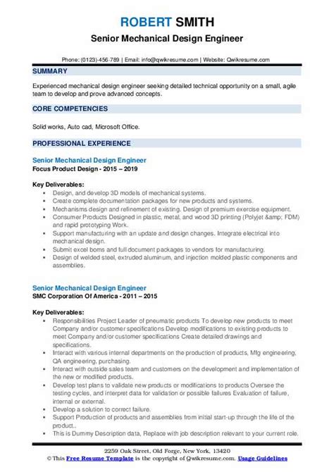 Senior Mechanical Design Engineer Resume Samples | QwikResume