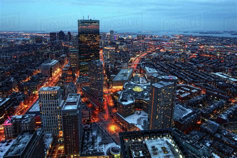 An aerial night view of Boston city center, Massachusetts - Stock Photo ...