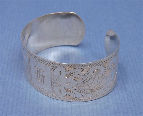 Sterling Silver Floral Engraved Cuff Bracelet with Monogram