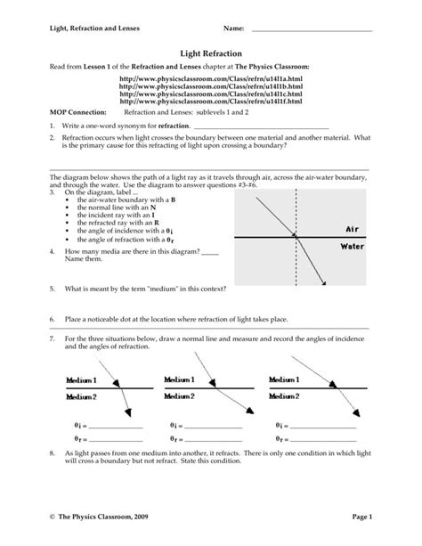 Light Refraction And Lenses Physics Classroom Worksheet Answers — db ...