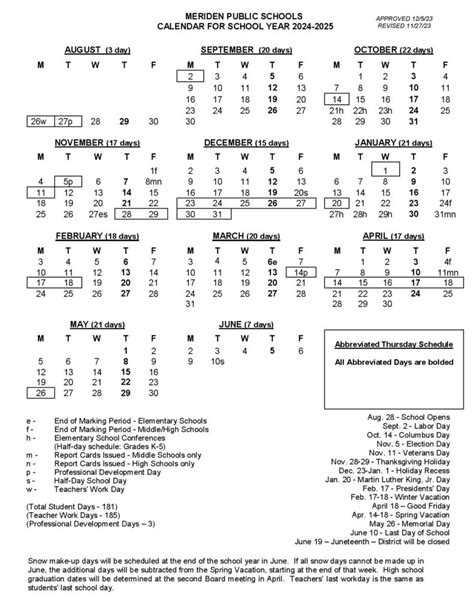 Meriden Public Schools Calendar 2024-2025 in PDF