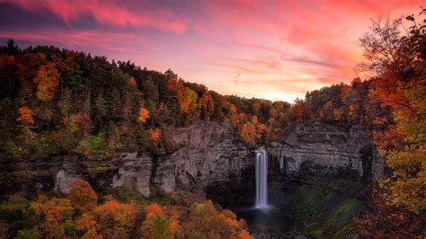 Waterfall Between Autumn Trees Covered Forest With Colorful Sunset HD ...