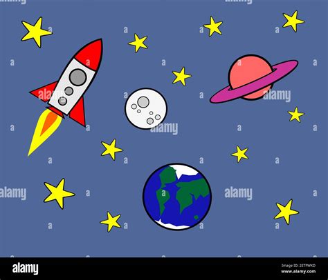 Cartoon of a rocket in space with stars, the moon, saturn and the ...