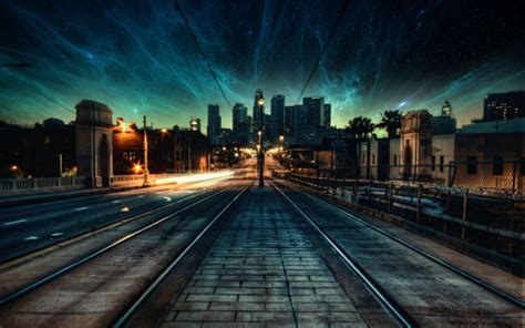 nebula, Space, City, Street light, Evening, Photo manipulation, Stars ...