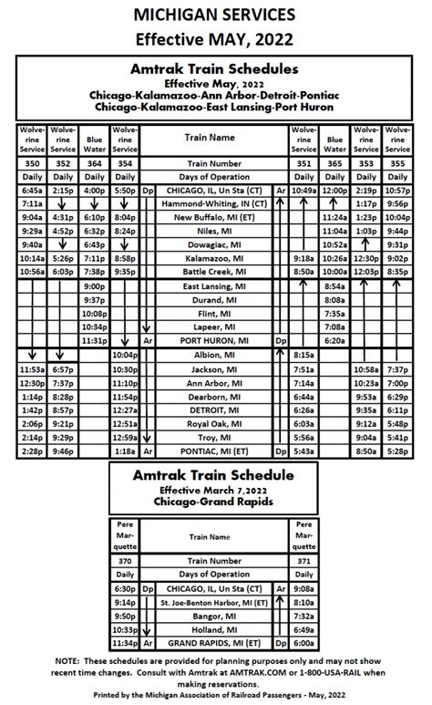 Amtrak Schedule | Michigan Association of Railroad Passengers