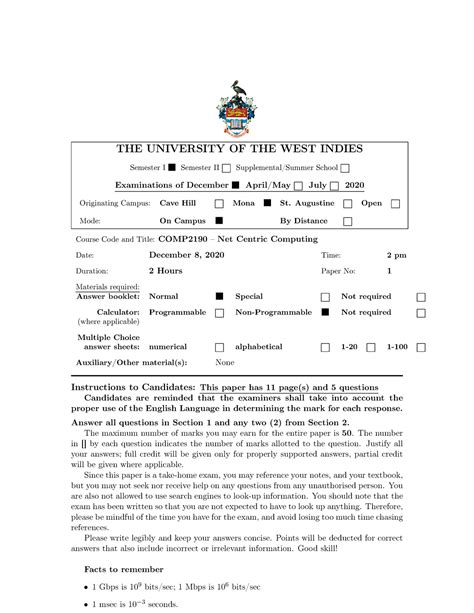 COMP2190 2020 Past Paper - THE UNIVERSITY OF THE WEST INDIES Semester I ...