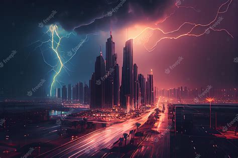 Premium Photo | Lightning strikes the city at nightgenerative ai