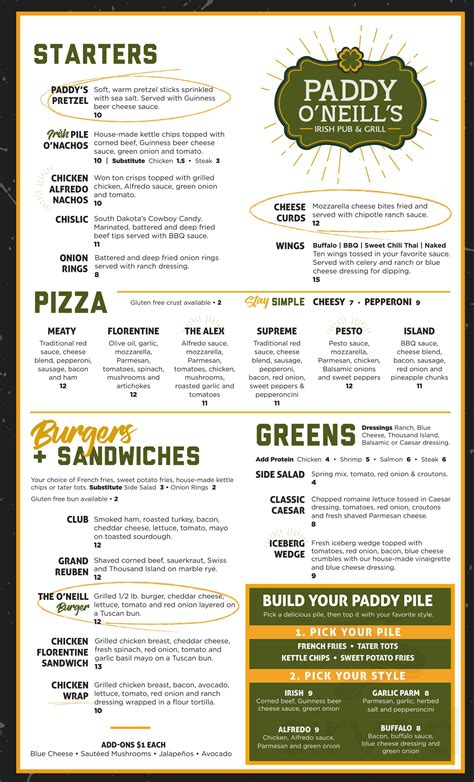 Paddy O'Neill's Irish Pub & Grill menu in Rapid City, South Dakota