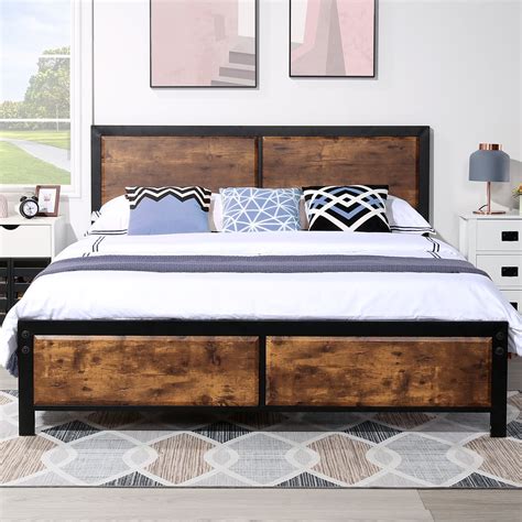 VECELO Queen Size Metal Platform Bed Frame with Vintage Wooden ...