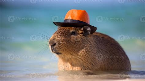 cute capybara in orange hat resting on shore of sea or river animals ...