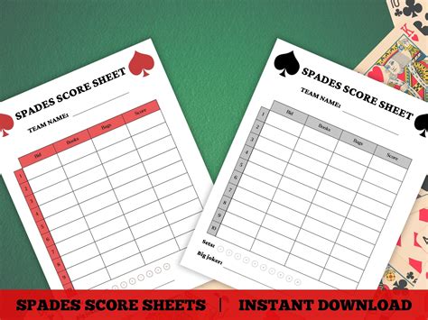 Spades Score Card Printable Spades Score Sheet Spades Game Night ...