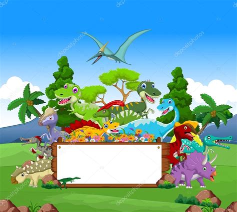 Dinosaur cartoon with landscape background and blank sign — Stock ...