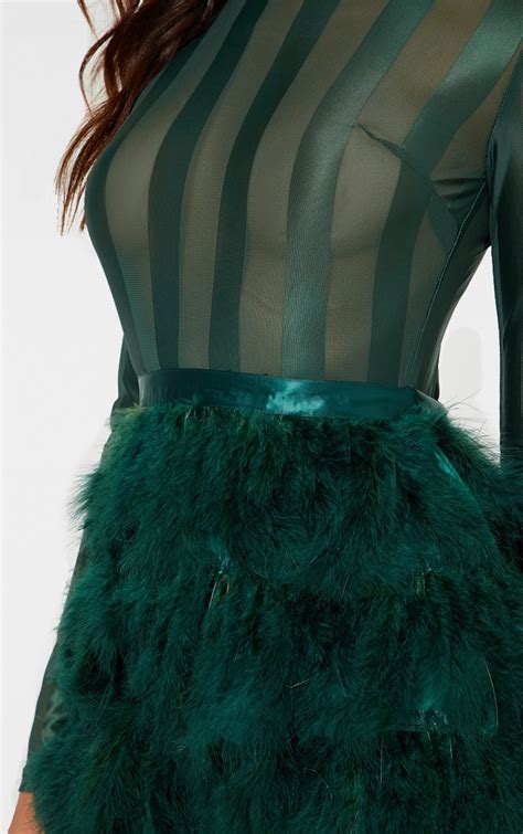 Emerald Green Feather Skirt Bodycon Dress | PrettyLittleThing