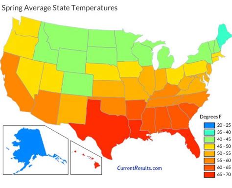 Map of USA state average temperatures in spring | Weather map, Usa map, Map