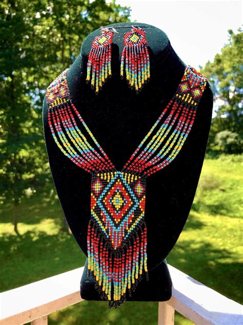 Native American Beaded Jewelry Set - Necklace and Earrings - Diamond ...