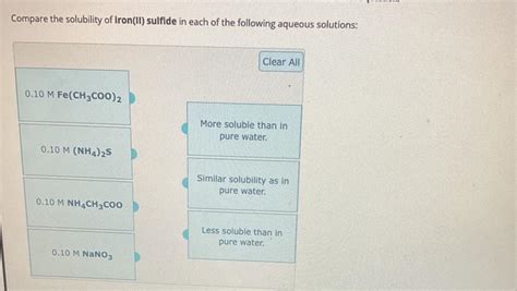 Solved Compare the solubility of Iron(II) sulfide in each of | Chegg.com