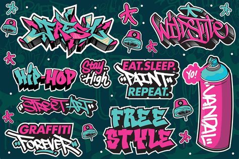 A set of colorful or vibrant graffiti art stickers. Street art theme ...