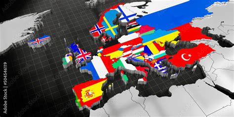 Map of Europe, international flags - 3D illustration Stock Illustration ...