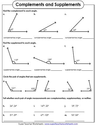 Complementary, Supplementary, Vertical Angle Worksheets