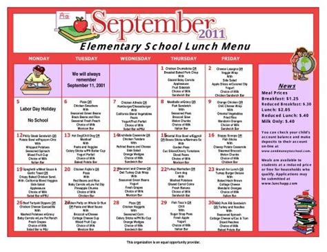 Elementary School Lunch Menu