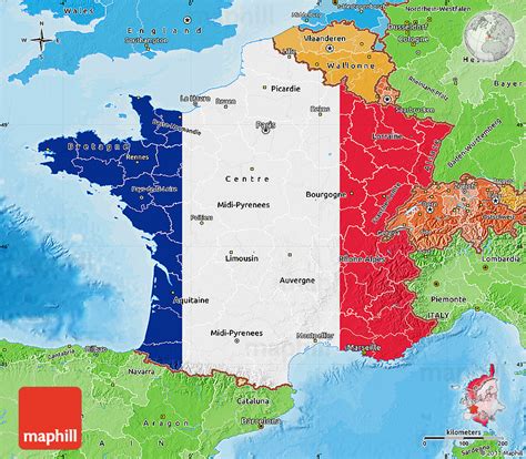 Flag Map of France, political shades outside