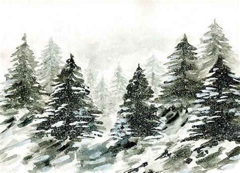 Original watercolor Black and White Snowy winter landscape Pine trees ...