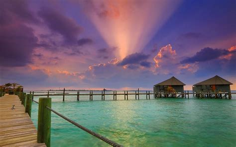 nature, Landscape, Sun Rays, Beach, Clouds, Resort, Sunset, Bungalow ...