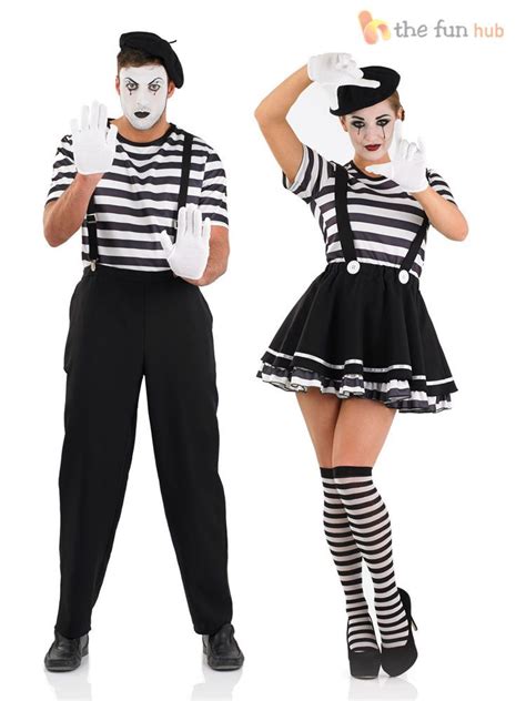 Mens Ladies Mime Artist Costume Black White Street Circus French ...