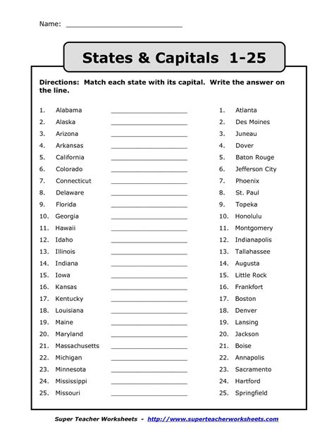 50 States And Capitals Quiz Printable Pdf