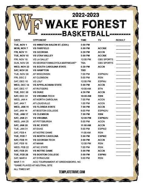 Printable 2022-2023 Wake Forest Demon Deacons Basketball Schedule