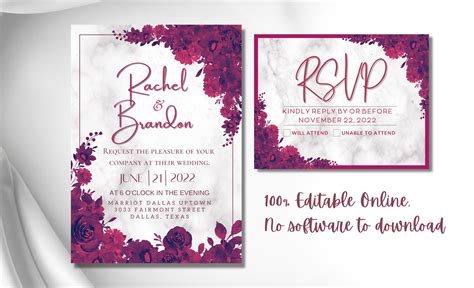 Magenta and White Wedding Invitation Template and RSVP Card - Etsy