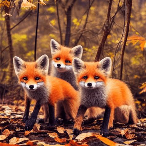 Three Smiling Baby Foxes in an Autumn Forest · Creative Fabrica