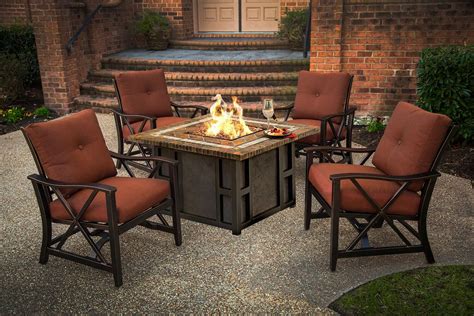 5-Piece Stone Square Gas Fire Pit Table Set w/ Red Aluminum Patio ...