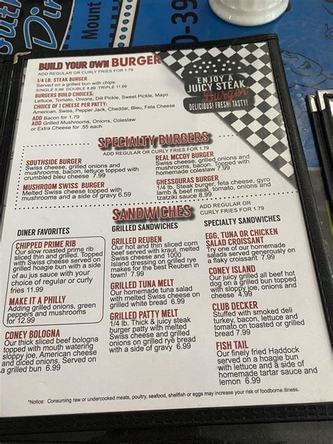 Menu at Southside Diner restaurant, Mount Vernon