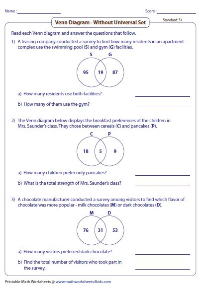 Venn Diagram Word Problems Worksheets: Two Sets