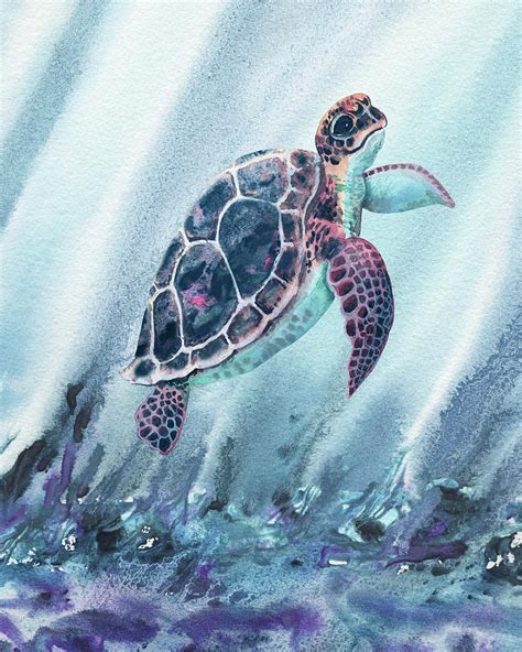 Watercolor Turtle In Deep Teal Blue Sea Painting by Irina Sztukowski ...