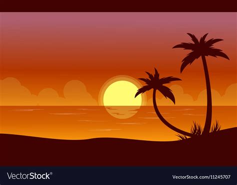 Silhouette of beach at sunset with reflection Vector Image